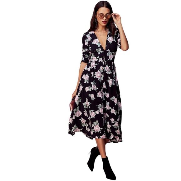 Free People Love of My Life Black Floral Print Midi Dress Sz S Boho Fairy gypsy - Picture 1 of 12